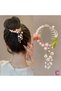Tiny Pink Floral Leaf Detailed Pearl and Stone Dangle Bow Women's Hair Bun Clip Gold Metal - 2