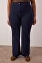 Navy Blue Ribbed Detailed Straight Fit Knitted Plus Size Trousers Tbbaw26Ar00029 - 3