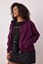Mor Regular Fit Dökümlü Kumaş Önü Fermuarlı Büyük Beden Sweatshirt TBBAW26AO00031 - 2