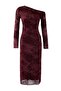 Bordo Flok Baskılı Düşük Kol Bodycon/Vücuda Oturan Flok Tül Midi  Örme Elbise TWOAW26EL00362 - 5