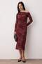 Bordo Flok Baskılı Düşük Kol Bodycon/Vücuda Oturan Flok Tül Midi  Örme Elbise TWOAW26EL00362 - 2