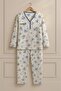 Women Mother Long Sleeve Blue Floral Pattern Cotton Combed Pajamas Set