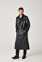 Matrix Black Double-Breasted Button Closure Slit Lined Belted Trench Coat Genuine Leather Men's Coat - 5