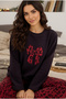 Black Burgundy Leopard Print Bow Embroidered Fleece Winter Knitted Pajamas Set