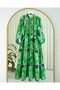 Circle Pattern Half Button Elastic Sleeve Dress - Dark Green - 3