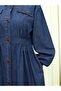 Denim Dress with Elasticated Cuffs, Button-Down Front, and Double Pockets - Indigo - 7