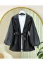 Balloon Sleeve Belted Leather Jacket -Black - 4