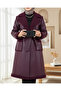 Belted Leather Coat with Double Pockets and Fur Inside - Plum - 2