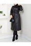 Hooded Leather Cap with Pockets, Lace-Up Waist, Elastic Sleeves - Black - 3