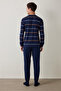 Navy Blue Men's Striped Jogger Pajama Set - 6
