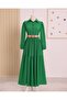 Partial Half Button Belted Crinkle Dress - 3