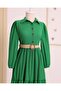Partial Half Button Belted Crinkle Dress - 5