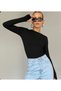 Women's Black Crew Neck Finger Detail Blouse Slim Body with Fleece Inside 2-Piece - 4