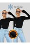 Women's Black Crew Neck Finger Detail Blouse Slim Body with Fleece Inside 2-Piece