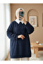 Round Neck Grassed Slit Loose Combed Cotton Tunic - Navy