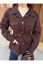 Women's Belted Denim Jacket with Pockets - Brown Jean Coat - 6