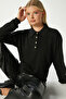 Women's Black Gold Button Detailed Premium Texture Polo Neck Knitwear Sweater - 3