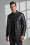 Black Hector Hakim Collar Zippered Lined Men's Genuine Leather Coat - 2