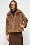 Reglan Sleeve Zippered Faux Fur Jacket Kamel 1012