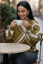 Women's Khaki Geometric Patterned Crew Neck Winter Knitwear - 2