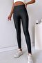 High Waist Women's Leather Leggings with Lifting Effect - Black - 5