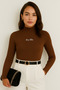Women's Half Turtleneck Long Sleeve Ribbed Camisole Printed Blouse Body