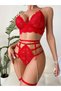 Babydoll Strappy Bra and Panty Set Lace Chocker Full Lingerie Set Babydoll 3 Pieces Sleepwear Red - 2
