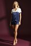 Women's Navy Blue White Short Sleeve Satin Shorts Pajama Set Comfortable and Stylish 2-Piece Set