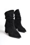 Women's Thick Heeled Pointed Toe Bellows Back Zipper Daily Boots Greta Black Suede - 7