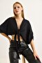 Front tie batwing sleeve women's blouse - black