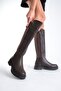 Women's Daily Stretch Elastic Below Knee Oval Toe Thick Sole Zippered Boots Beja Brown