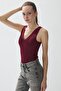 Women's Burgundy Color V-Neck Snap-On Bodysuit - 3