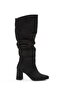 Black Suede Thick Heeled Crinkled Gusseted Women's Boots - Kc