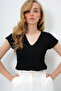 Black Front and Back V-Neck Openwork Summer Knitwear Blouse Alc-X14147 - 2