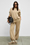 Carica Women's Organic Cotton Inside Fleece O Oversized Fit Waist and Leg Elasticated Drawstring Beige Top and Bottom Set - 2