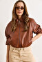 Women's Tan Lined Faux Leather Bomber Jacket with Pockets Ckt-19000499
