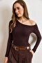 Women's Brown Asymmetrical Neckline Very Soft Textured Stretchy Bodysuit Bdy-00000067 - 5