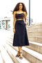 Women's High Waist Stylish Fabric Midi Length Below Knee Kilos Bell Skirt with Pockets-Navy Blue - 2