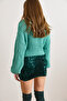 Women's Emerald Green Elastic Waist Mini Skirt with Sequins ETK-19000372 - 3