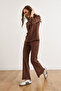 Women's Bitter Brown Bottom Pocket Pants Top Mock Neck Blouse Fleece-Lined Set Tkm-19000254 - 5