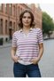 Women's Striped Polo Neck Knit Blouse – Lilac White – Short Sleeve – Fits Sizes 36-40