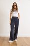 Women's Navy Blue Belted Pocketed Striped Wide Leg Pants Pnt-19000386 - 4