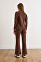 Women's Bitter Brown Bottom Pocket Pants Top Mock Neck Blouse Fleece-Lined Set Tkm-19000254 - 6
