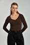 Women's button-down long sleeve bodysuit - burnt coffee - 4