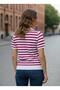Women's Striped Polo Neck Knit Blouse – Fuchsia White – Short Sleeve – Fits Sizes 36-40 - 3