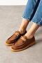 Loriva Tan Suede Belted Gold Buckle Thick Saddle Detailed Loafer Ballet Casual Shoes