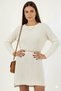 Women's Ecru Off-White Crew Neck Long Tunic Dress Thick Knit Italian Sleeve Y Slit Knitwear Sweater - 3