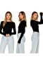 Women's Crew Neck Finger Detail Bodysuit 3-Piece Set – Black White Brown - 2
