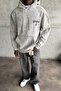 Men's Fleece-Lined Embroidery Detailed Light Gray Washed Hooded Sweatshirt Mz0406 - 2