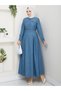 Modest Blue Buttoned Denim Dress – Long Dress with Belt - 2